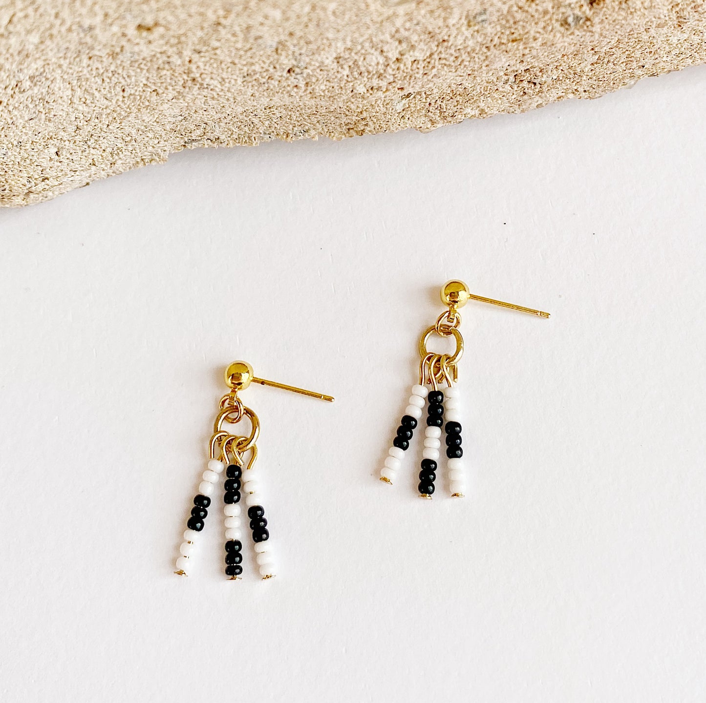 Modern Checker Beaded Fringe Gold Earrings